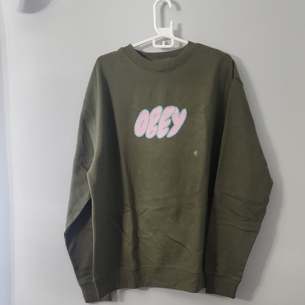 Obey Olive Crewneck Sweater with Pink Logo
